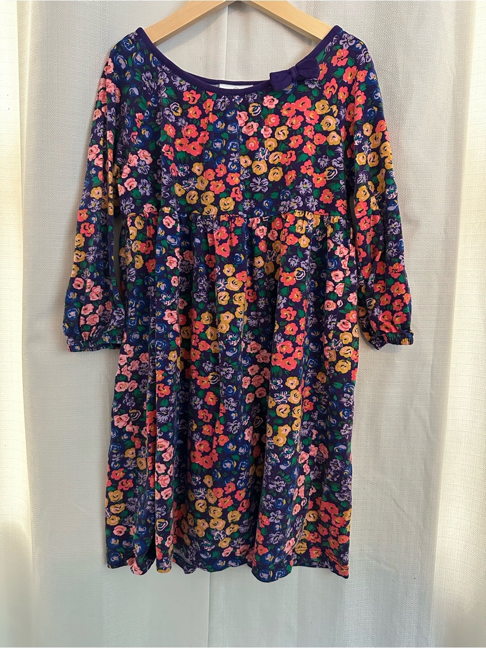 Hanna Andersson Girls Floral Long Sleeve Dress Size 130 Bow Accent - Picture 6 of 6